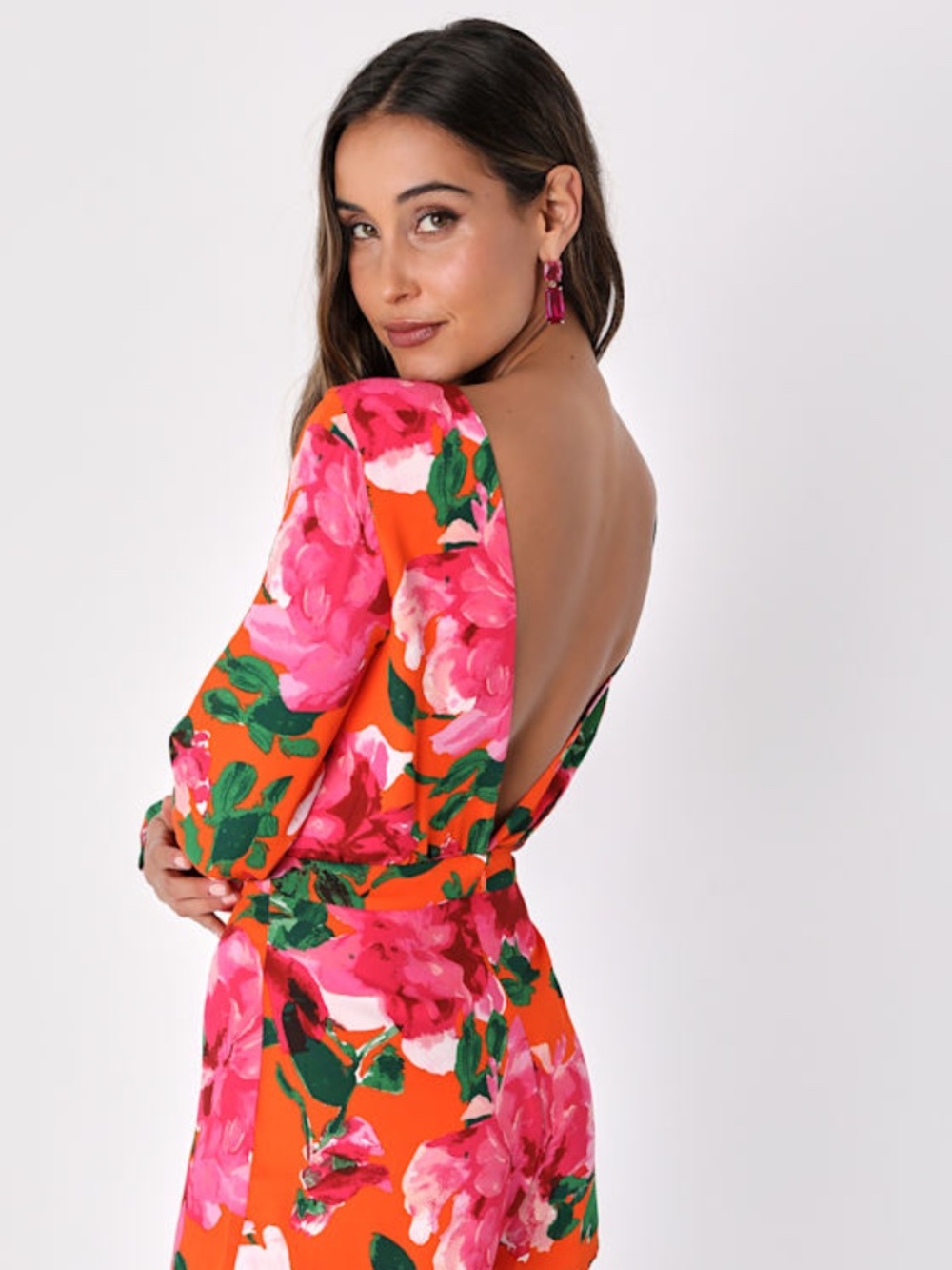 Lulus Sweetest Song Orange Floral Print Backless Long Sleeve Romper - Size S